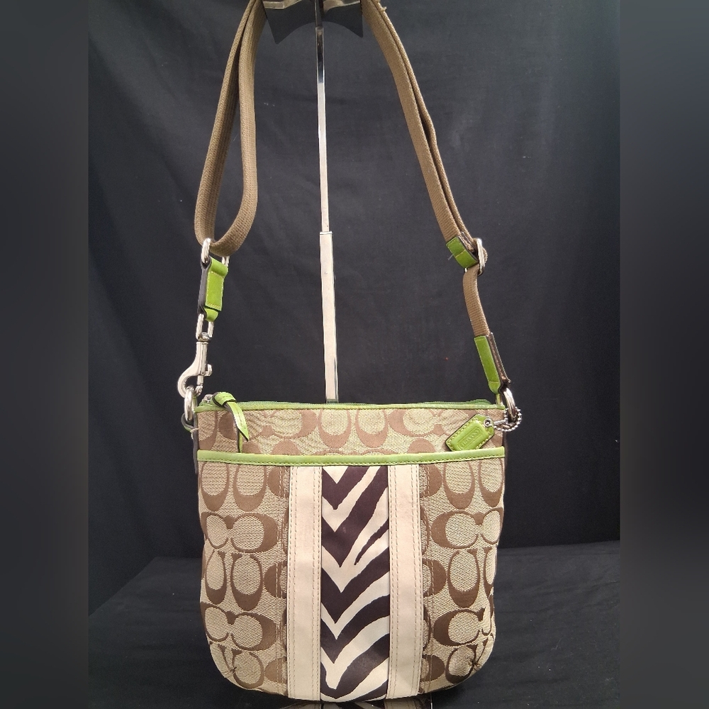Coach Brown Signature Canvas Shoulder Bag with Green Trim